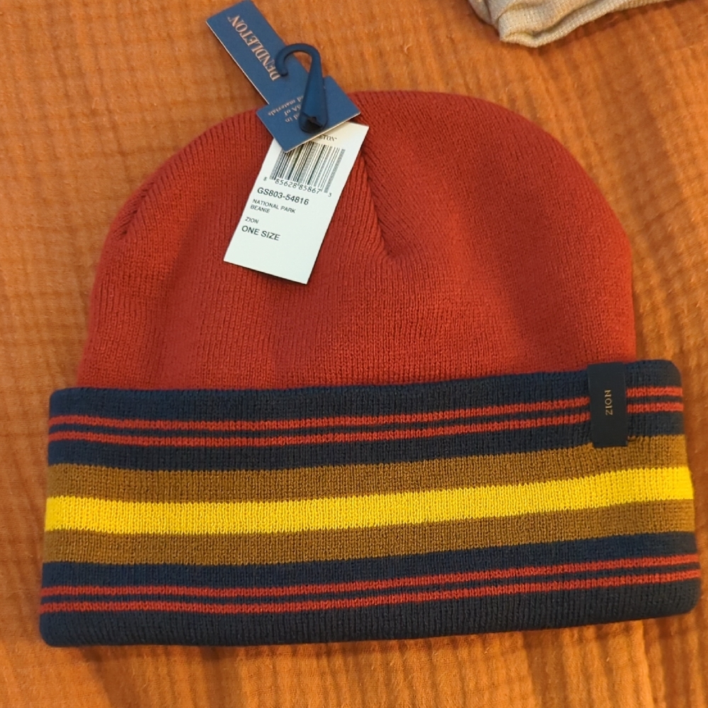 Pendleton Red Beanie with Yellow and Brown Stripes